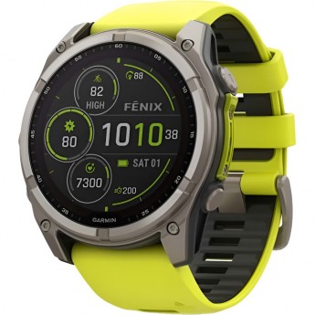 Смарт-часы GARMIN FENIX 8 – 51 мм, Solar Sapphire, титан с ярко-желтым/графитовым силиконовым ремешком